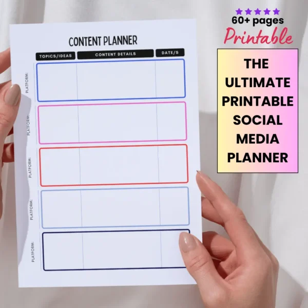 Product image of a Social Media Planner available in both digital and printable formats, featuring content calendars and strategy sections.