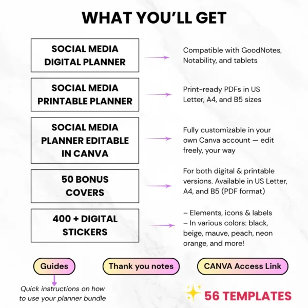 Product image of a Social Media Planner available in both digital and printable formats, featuring content calendars and strategy sections.