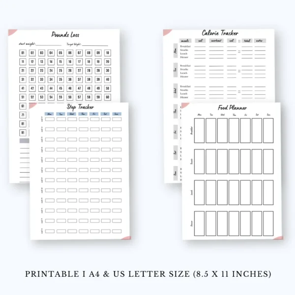 Product image of a 12-week weight loss planner with pages for meal tracking, workout logs, progress charts, and weekly goal setting.