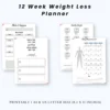 Product image of a 12-week weight loss planner with pages for meal tracking, workout logs, progress charts, and weekly goal setting.