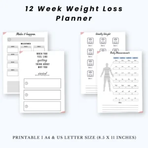 Product image of a 12-week weight loss planner with pages for meal tracking, workout logs, progress charts, and weekly goal setting.