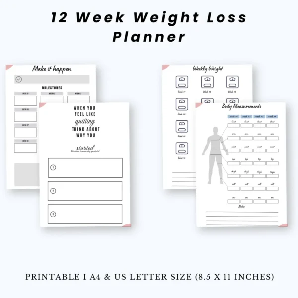 Product image of a 12-week weight loss planner with pages for meal tracking, workout logs, progress charts, and weekly goal setting.