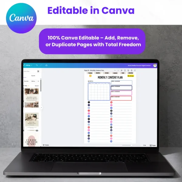 Product image of a Social Media Planner available in both digital and printable formats, featuring content calendars and strategy sections.