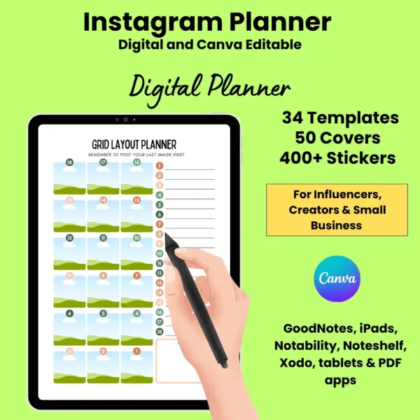 Product image of an Instagram Digital Planner with editable Canva templates for planning posts, reels, and stories.