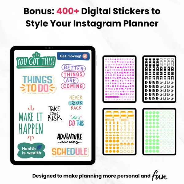 Product image of an Instagram Digital Planner with editable Canva templates for planning posts, reels, and stories.