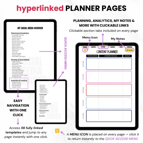 Product image of a Social Media Planner available in both digital and printable formats, featuring content calendars and strategy sections.