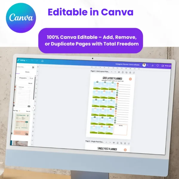 Product image of an Instagram Digital Planner with editable Canva templates for planning posts, reels, and stories.