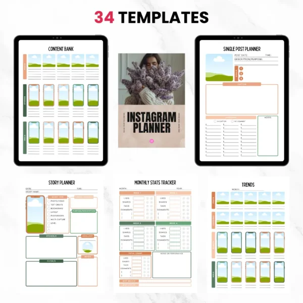 Product image of an Instagram Digital Planner with editable Canva templates for planning posts, reels, and stories.