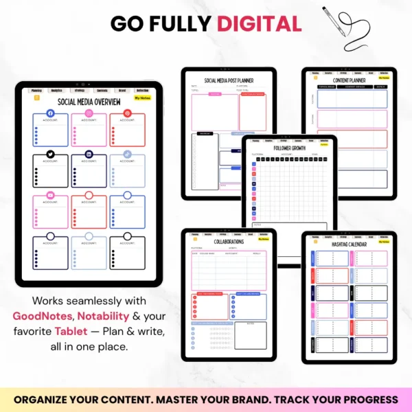 Product image of a Social Media Planner available in both digital and printable formats, featuring content calendars and strategy sections.