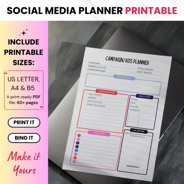 Product image of a Social Media Planner available in both digital and printable formats, featuring content calendars and strategy sections.