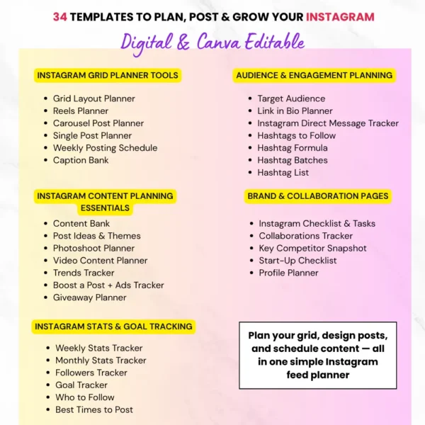 Product image of an Instagram Digital Planner with editable Canva templates for planning posts, reels, and stories.