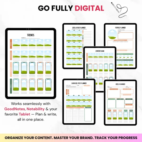 Product image of an Instagram Digital Planner with editable Canva templates for planning posts, reels, and stories.