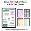 Product image of a Social Media Planner available in both digital and printable formats, featuring content calendars and strategy sections.