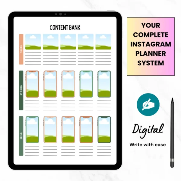 Product image of an Instagram Digital Planner with editable Canva templates for planning posts, reels, and stories.