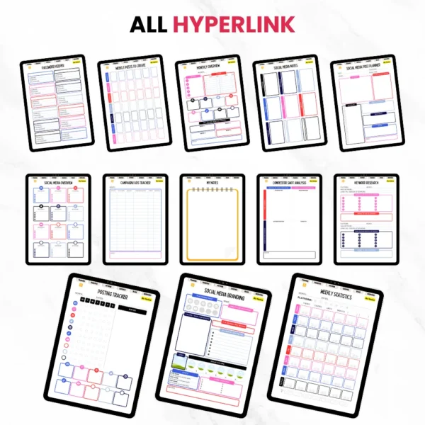 Product image of a Social Media Planner available in both digital and printable formats, featuring content calendars and strategy sections.