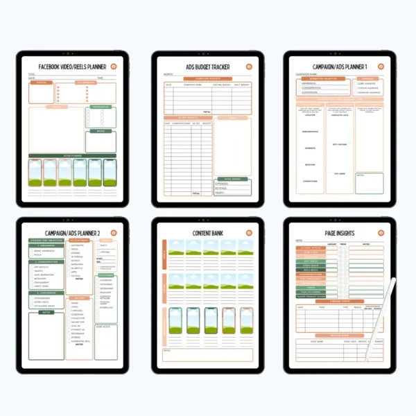 Product image of a Facebook Planner with sections for content scheduling, engagement tracking, and ad strategy.