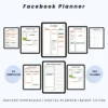 Product image of a Facebook Planner with sections for content scheduling, engagement tracking, and ad strategy.