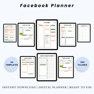 Product image of a Facebook Planner with sections for content scheduling, engagement tracking, and ad strategy.