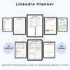 Product image of a LinkedIn planner with pages for content strategy, post scheduling, and professional branding.