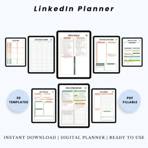 Product image of a LinkedIn planner with pages for content strategy, post scheduling, and professional branding.