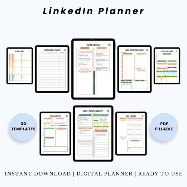 Product image of a LinkedIn planner with pages for content strategy, post scheduling, and professional branding.