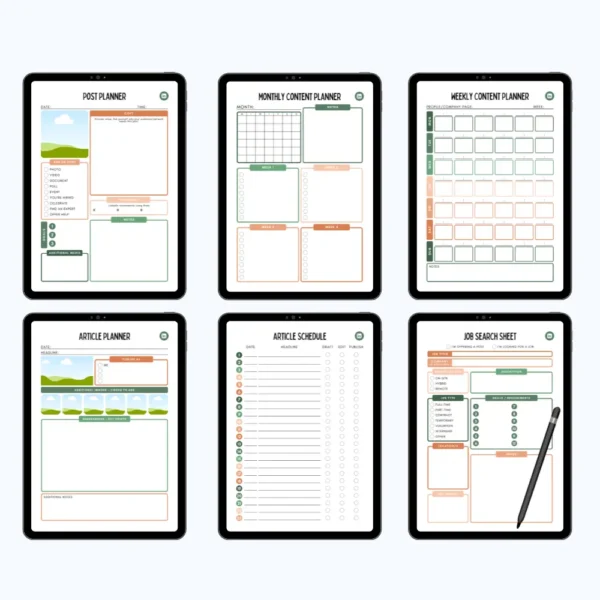 Product image of a LinkedIn planner with pages for content strategy, post scheduling, and professional branding.
