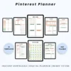 Product image of a Pinterest planner with layout pages for pin design, board planning, and scheduling strategy.