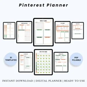 Product image of a Pinterest planner with layout pages for pin design, board planning, and scheduling strategy.