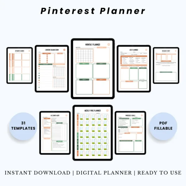 Product image of a Pinterest planner with layout pages for pin design, board planning, and scheduling strategy.
