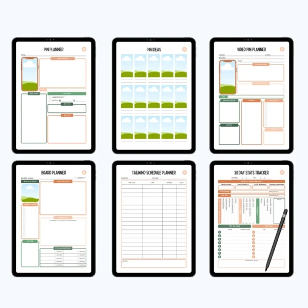 Product image of a Pinterest planner with layout pages for pin design, board planning, and scheduling strategy.