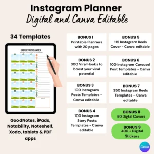Product image of an Instagram Digital Planner with editable Canva templates for planning posts, reels, and stories.