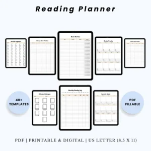 Product image of a reading planner with pages for book lists, reading logs, reviews, and reading goals.
