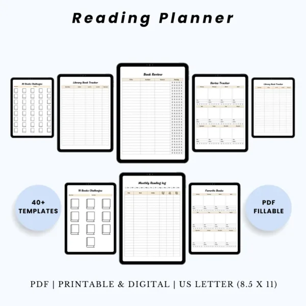Product image of a reading planner with pages for book lists, reading logs, reviews, and reading goals.