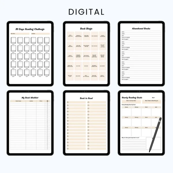 Product image of a reading planner with pages for book lists, reading logs, reviews, and reading goals.