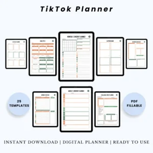 Product image of a TikTok Planner with sections for video planning, posting schedule, and content strategy.