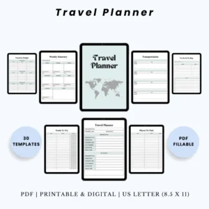 Product image of a travel planner with pages for itinerary planning, packing lists, budget tracking, and destination notes.