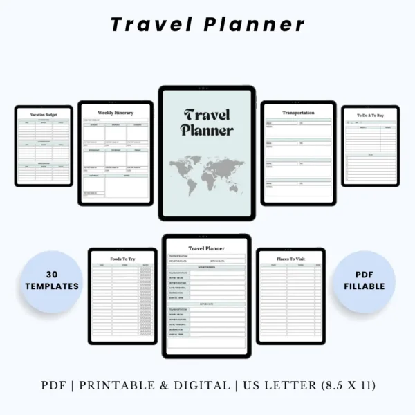 Product image of a travel planner with pages for itinerary planning, packing lists, budget tracking, and destination notes.