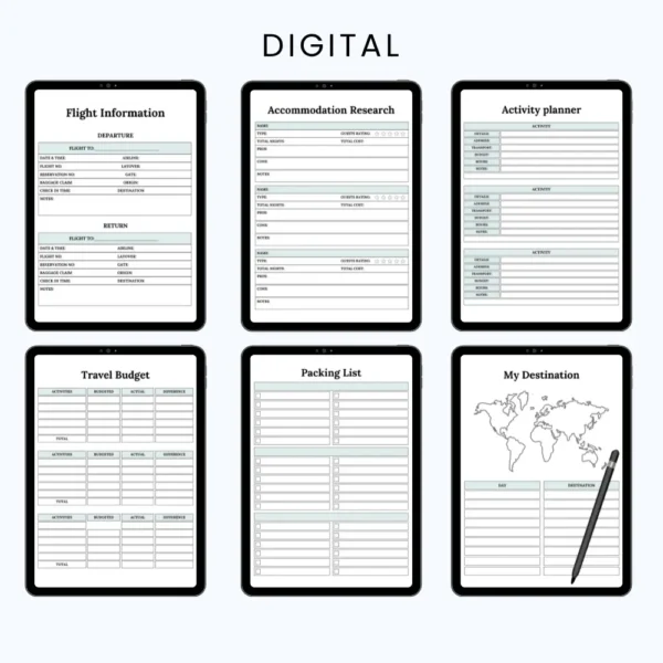 Product image of a travel planner with pages for itinerary planning, packing lists, budget tracking, and destination notes.