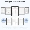 Product image of a weight loss planner with pages for meal tracking, fitness goals, progress charts, and daily habits.