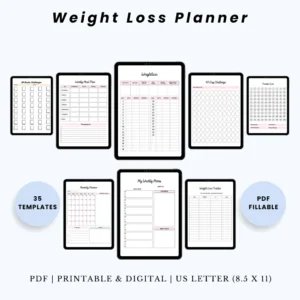 Product image of a weight loss planner with pages for meal tracking, fitness goals, progress charts, and daily habits.
