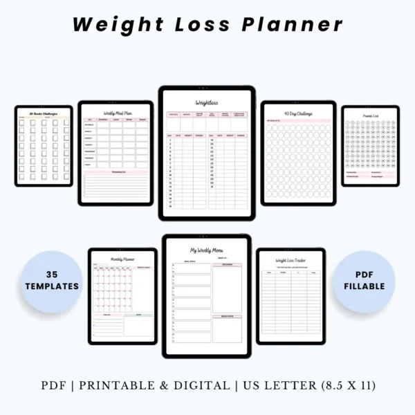 Product image of a weight loss planner with pages for meal tracking, fitness goals, progress charts, and daily habits.