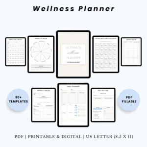 Product image of a wellness planner with pages for self-care routines, mental health tracking, habits, and wellness goals.