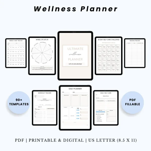 Product image of a wellness planner with pages for self-care routines, mental health tracking, habits, and wellness goals.
