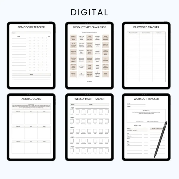 Product image of a wellness planner with pages for self-care routines, mental health tracking, habits, and wellness goals.