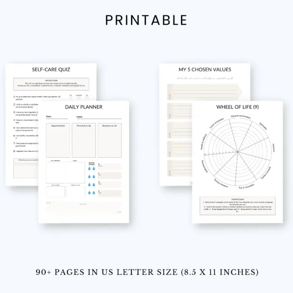 Product image of a wellness planner with pages for self-care routines, mental health tracking, habits, and wellness goals.