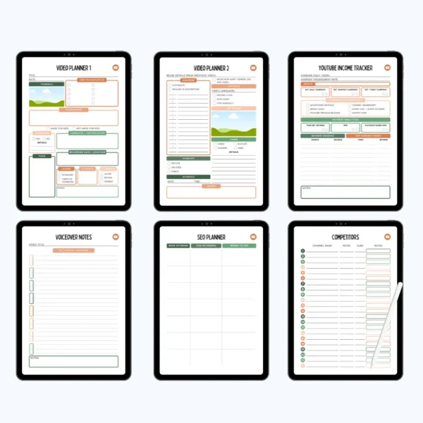 Product image of a YouTube planner with organized layouts for video ideas, upload scheduling, and analytics tracking.