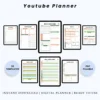 Product image of a YouTube planner with organized layouts for video ideas, upload scheduling, and analytics tracking.