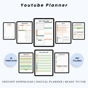 Product image of a YouTube planner with organized layouts for video ideas, upload scheduling, and analytics tracking.