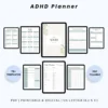 Product image of an ADHD planner with structured pages for task management, routines, focus tracking, and brain dumps.