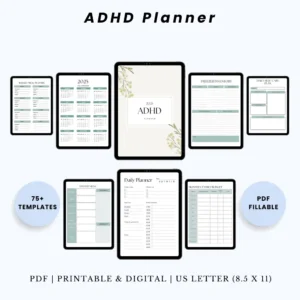 Product image of an ADHD planner with structured pages for task management, routines, focus tracking, and brain dumps.